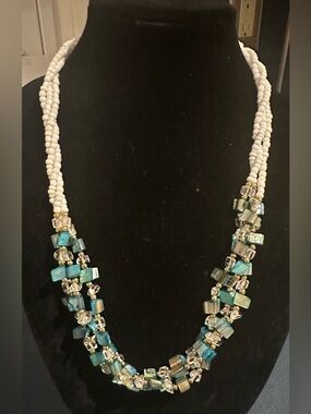 Tropical White and Teal Multi-Strand Beaded Necklace with Gold Accents